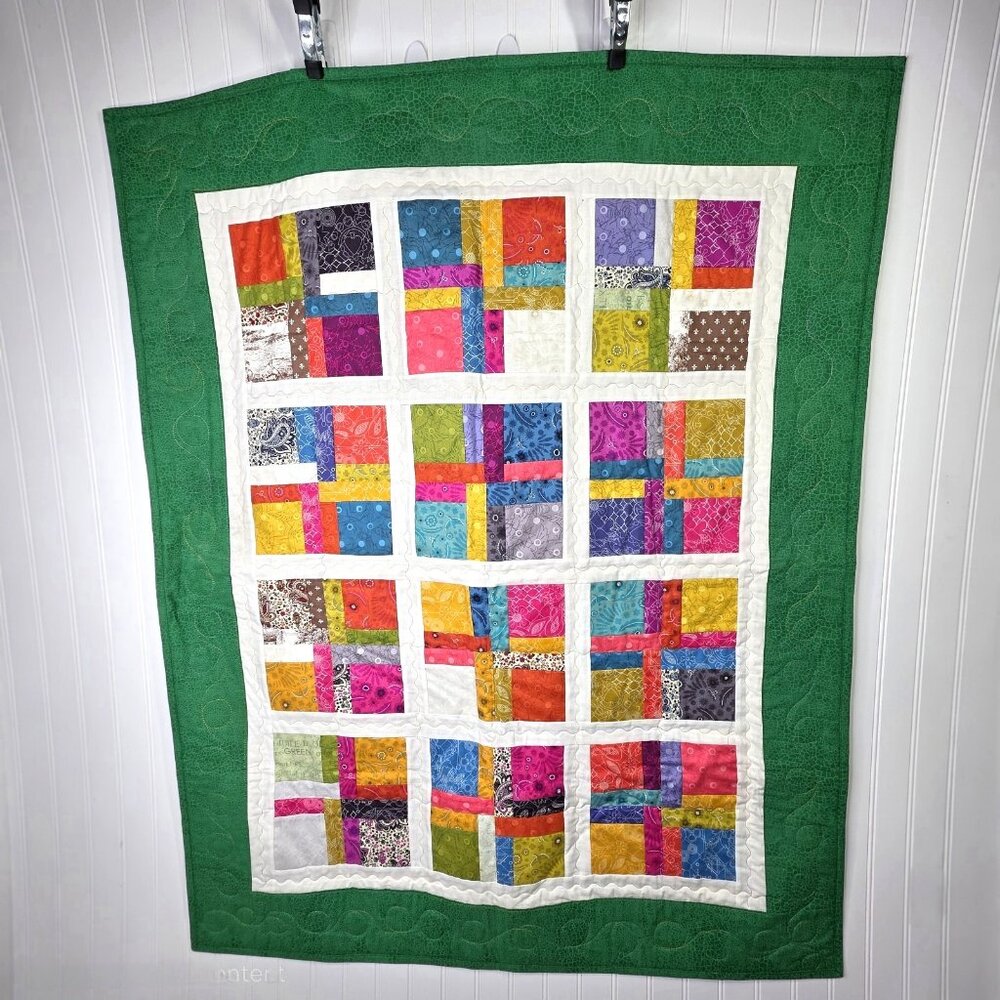 Vintage Handmade Patchwork Quilt Lap Wall 38 x 47 Scrappy Colorful Green Floral